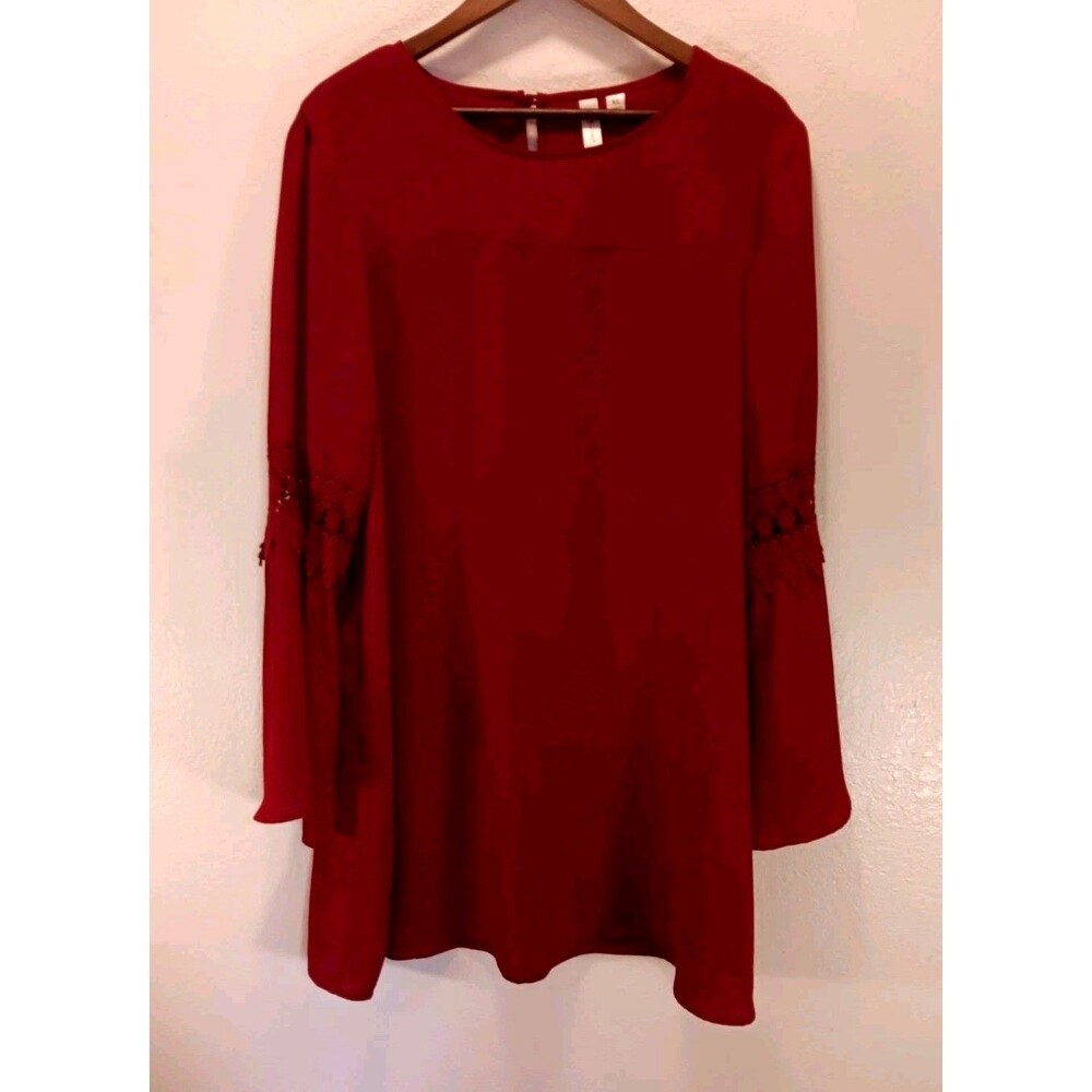 Tacera Red Bell Sleeve Shift Dress XL Crochet Lace Trim Long-sleeve Boho Mini